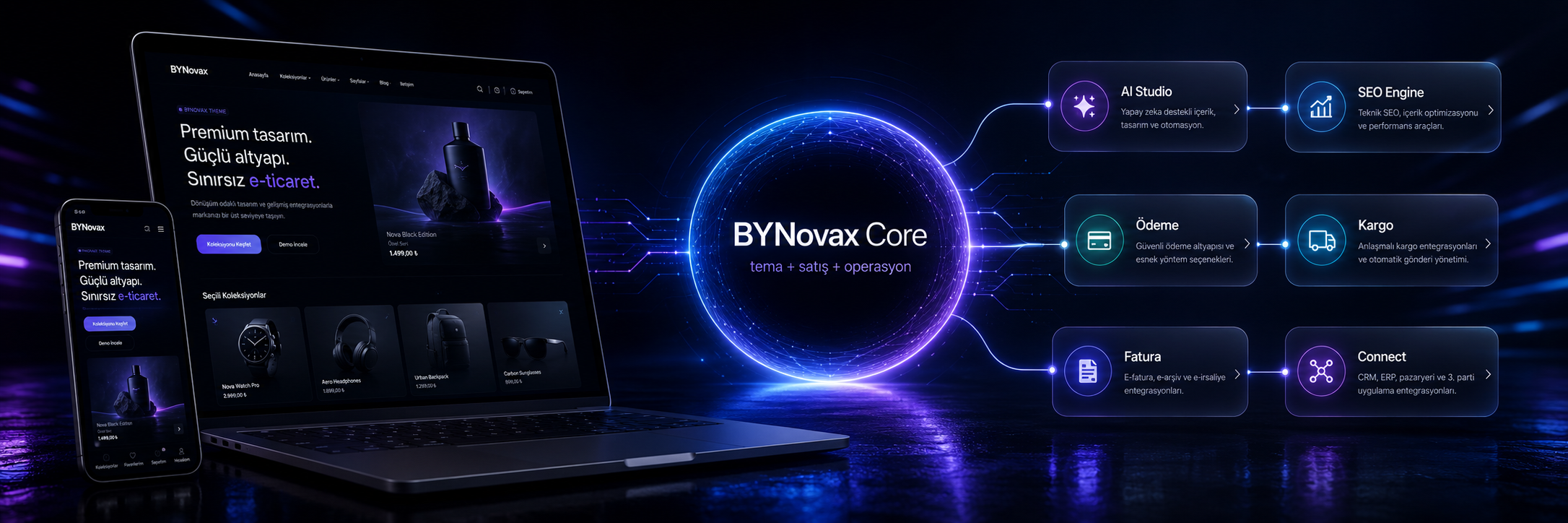 BYNovax premium tema, mağaza motoru, AI Studio, SEO, ödeme, kargo, fatura ve Connect ekosistem görseli